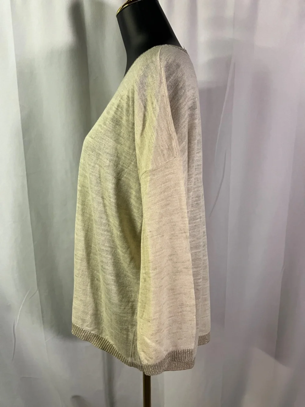 NWT LOFT Cream Gold Shimmer Trim 3/4 Sleeve Linen Blend Sweater